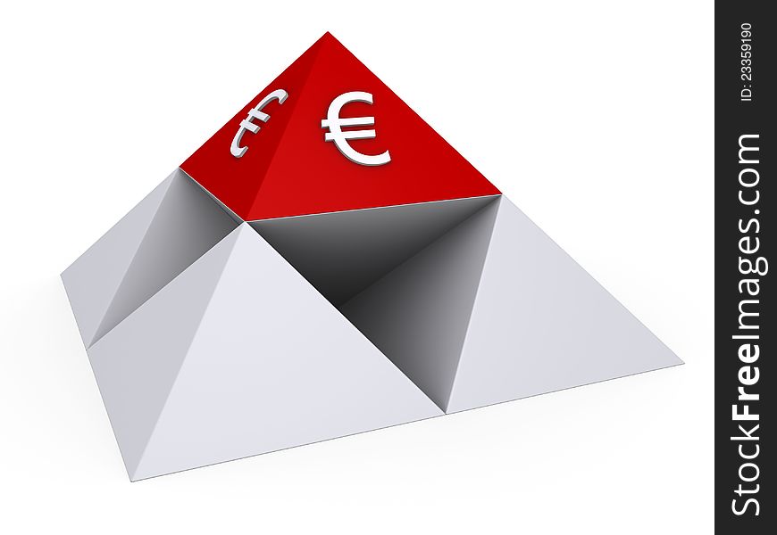 3d pyramids form a bigger pyramid with red top and Euro sign. 3d pyramids form a bigger pyramid with red top and Euro sign
