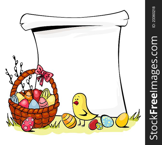 Colorful illustration of basket full of Easter eggs and chicken isolated on white. Colorful illustration of basket full of Easter eggs and chicken isolated on white.