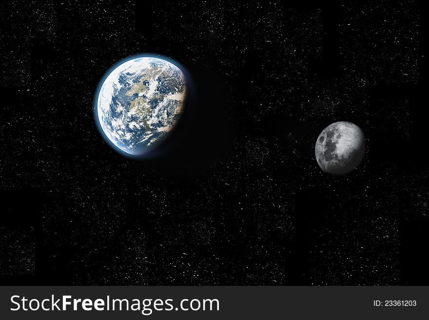 Scene earth and moon Executed in 3 D