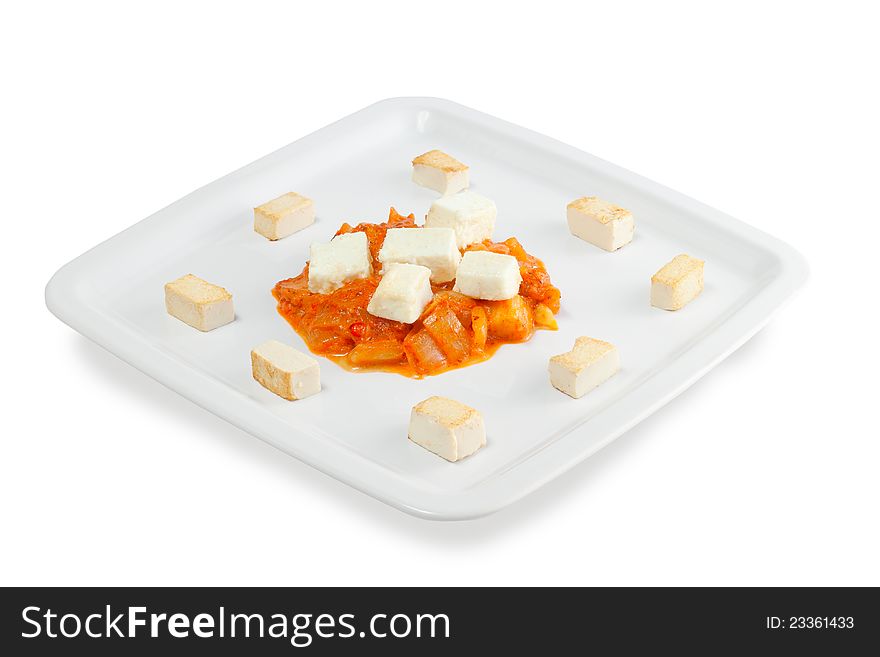 Slices Of Fried Cheese With Grilled Vegetables