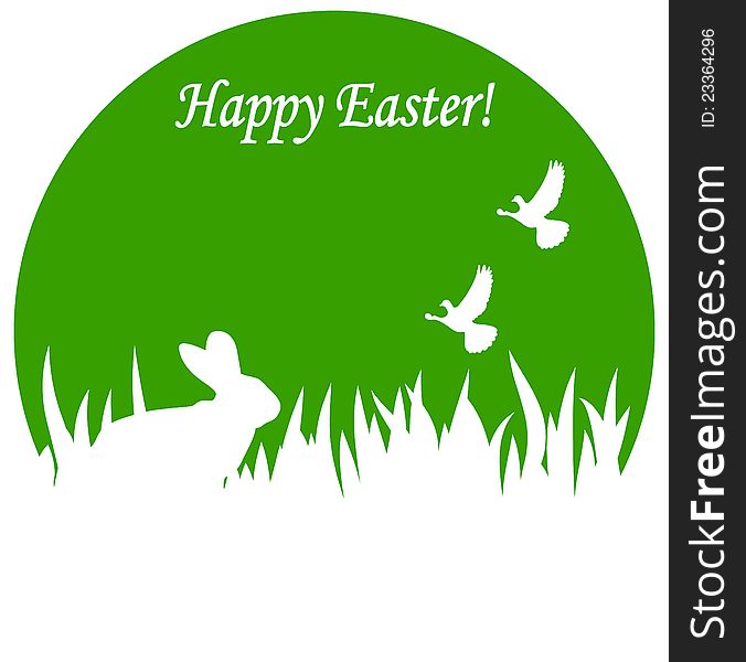 Congratulation green background to the Easter bunny as a silhouette on the grass. Congratulation green background to the Easter bunny as a silhouette on the grass