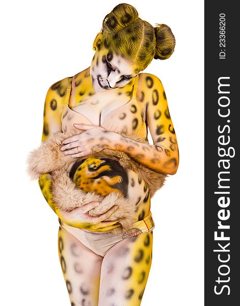 Pregnant Woman With Body-art As Leopard