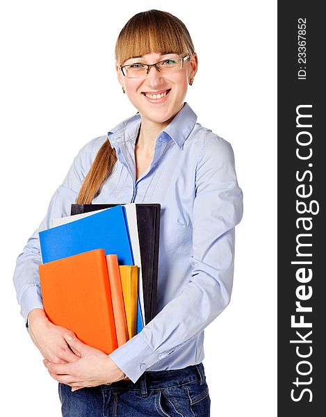 Girl with stack color books. Isolated over white