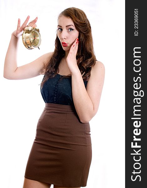 Time concept. Business woman with alarm clock, isolated on white background. Time concept. Business woman with alarm clock, isolated on white background.