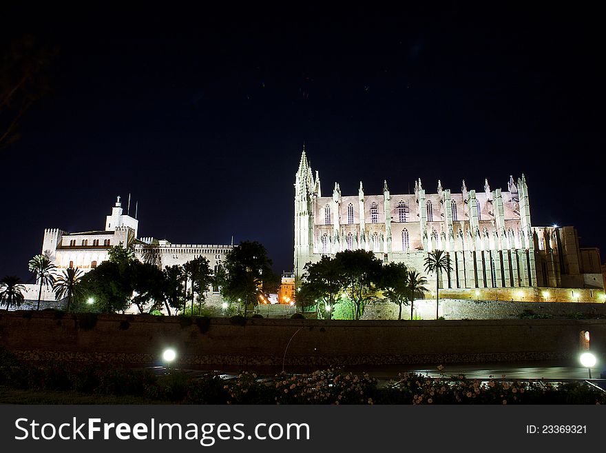 The famous La Seu church in Palma de Mallorca by night. The famous La Seu church in Palma de Mallorca by night