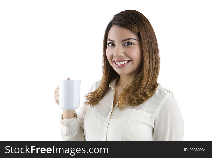A smiling latino woman with coffee mug. A smiling latino woman with coffee mug