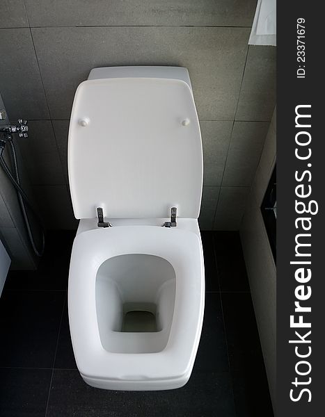 A white ceramic toilet bowl in lavatory. A white ceramic toilet bowl in lavatory