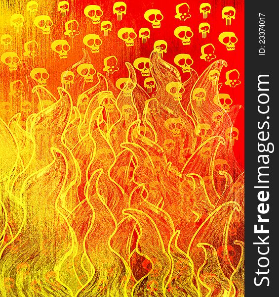 Yellow color skulls and fire Background on orange color creepy background. Yellow color skulls and fire Background on orange color creepy background