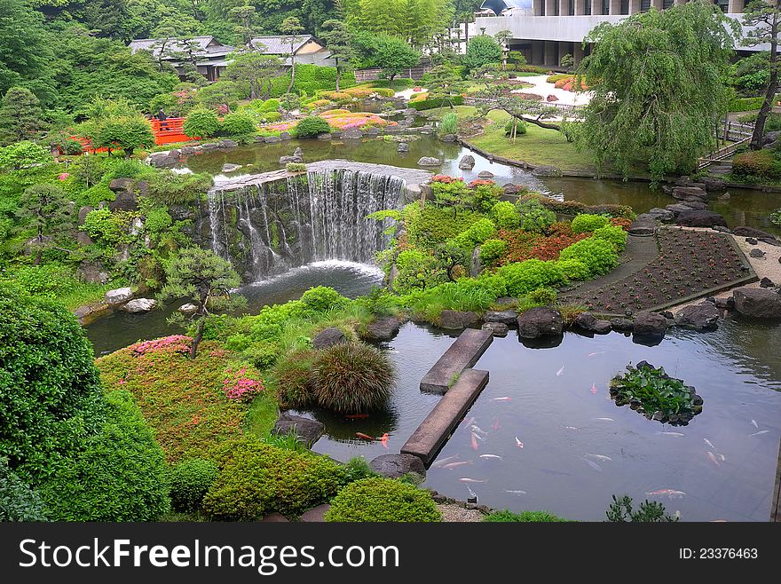 Overview of a beautiful garden in a hotel, Tokyo, Japan