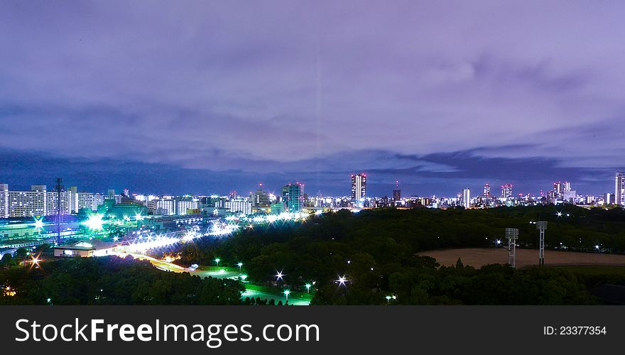 Night view of Osaka city with a long-time exposure