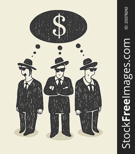 Illustration with a three businessmen thinking about money.