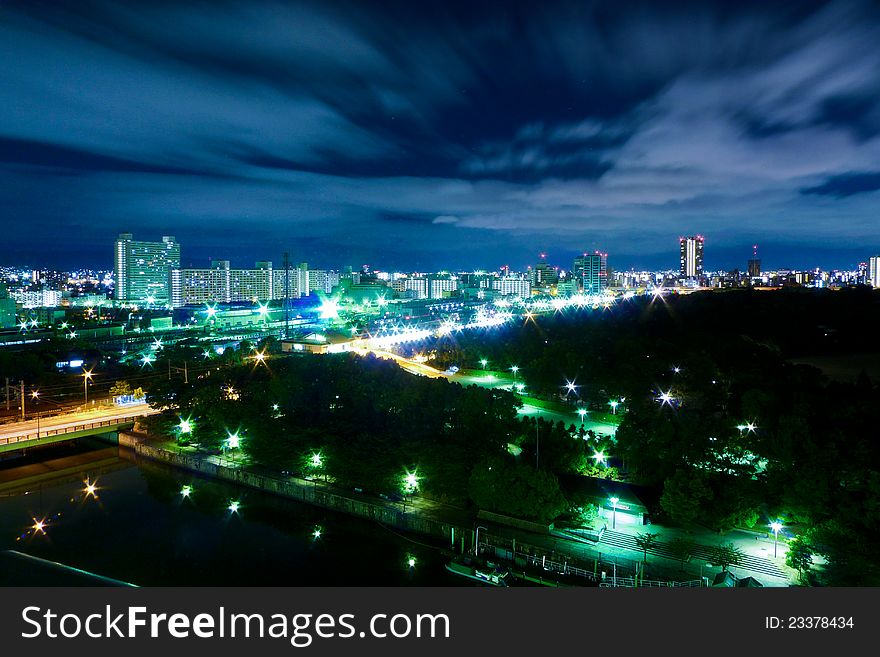 Night view of Osaka City with a long-time exposure
