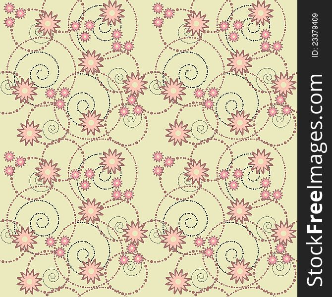 Seamless background with circles, flowers and spiral. Seamless background with circles, flowers and spiral