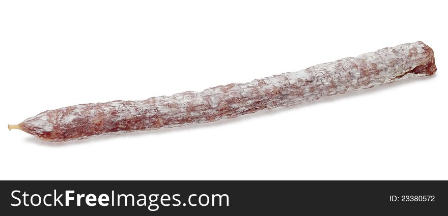 Image of a dry French sausage against a white background. Image of a dry French sausage against a white background.