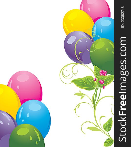 Colorful balloons and spring flowers. Illustration