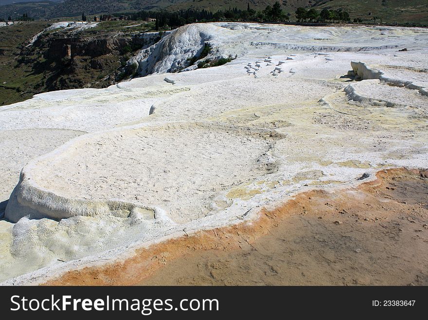 Taken in Paumkale Turkey, shows the pools and terraces of limestone. Pamukkale means cotton candy. Taken in Paumkale Turkey, shows the pools and terraces of limestone. Pamukkale means cotton candy