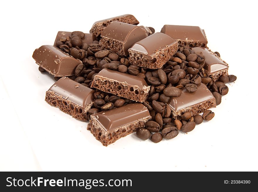 Picture of coffee and chocolate on a white background