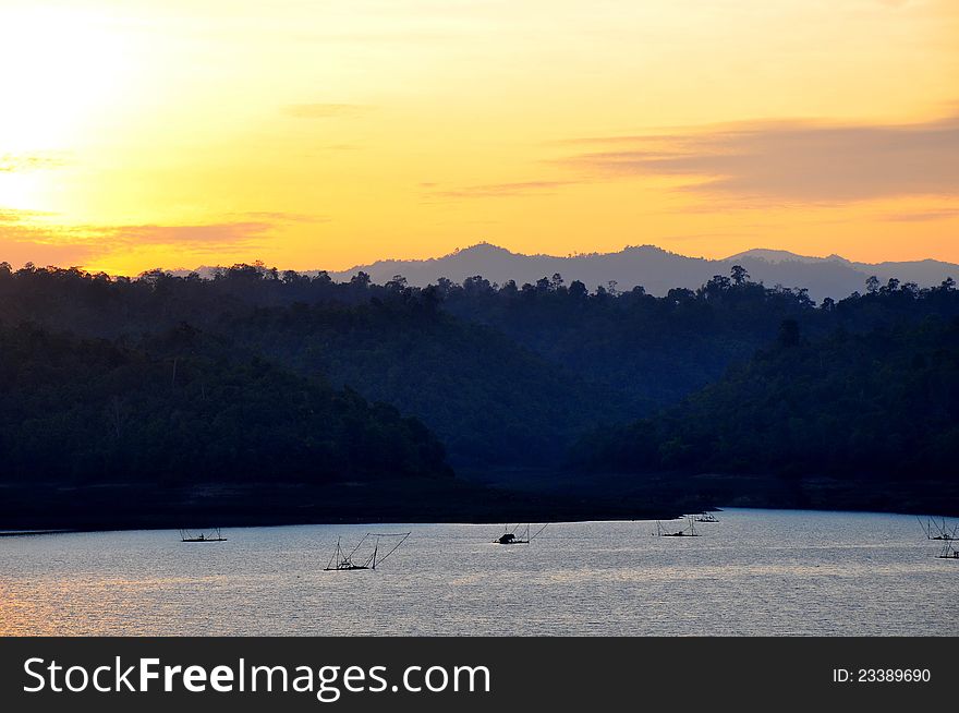 Sunset  at  dam in thailand