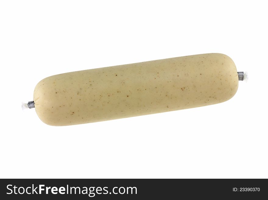 A huge White seasoned pork sausage in a synthetic casting, isolated on white