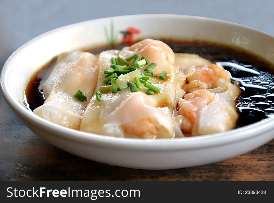 Rice noodle rolls with shrimps and soysauce. Rice noodle rolls with shrimps and soysauce