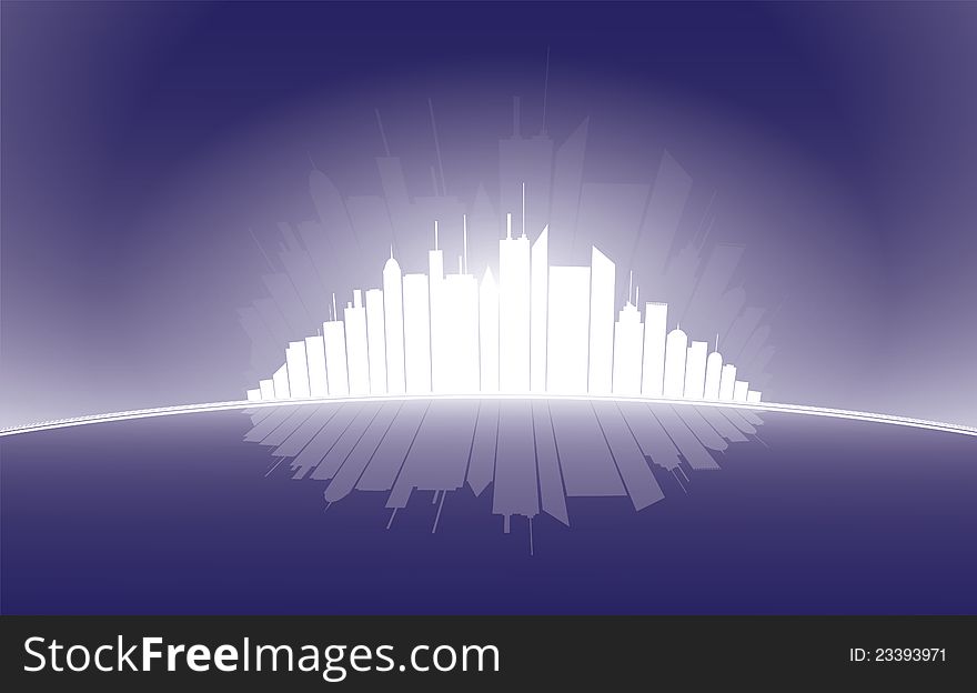 City high rise silhouette illustration glowing in white against dark blue background. AI EPS version 10. City high rise silhouette illustration glowing in white against dark blue background. AI EPS version 10.