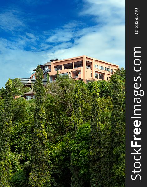 House in the rainforest in the sky with clouds