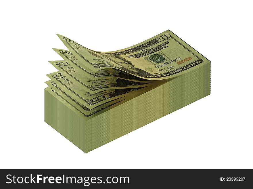 Dollars in the form of a scratch paper isolated on a white bsckground