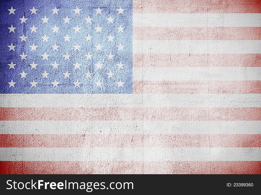 Shabby USA flag on a white wall. Hi res