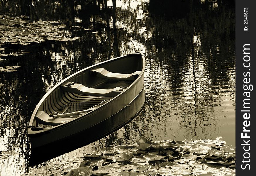 Sepia image of canoe on lily pond