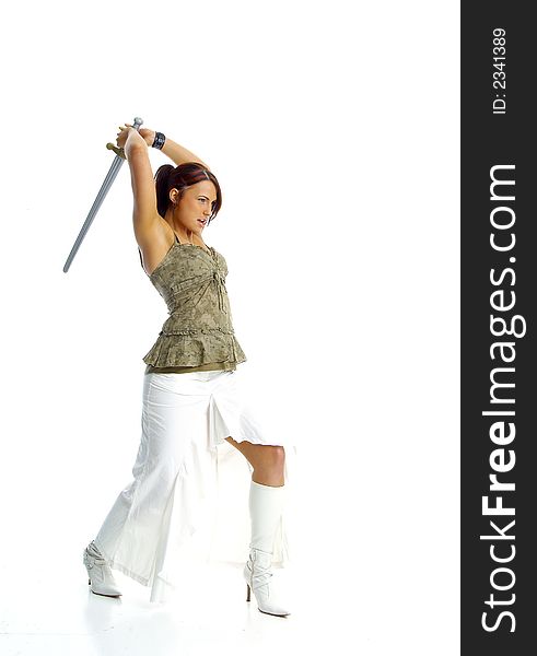 Vivacious woman attac to sword