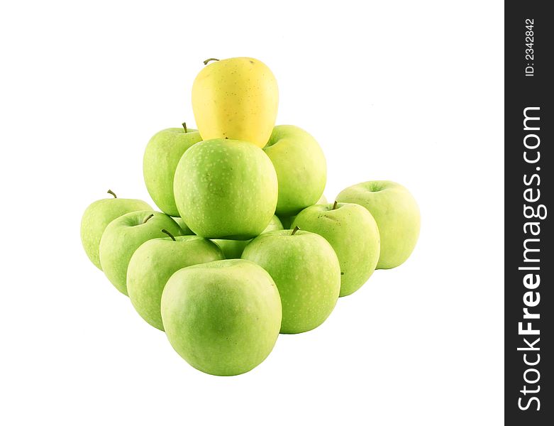 Green apples and a yellow one set on a white background