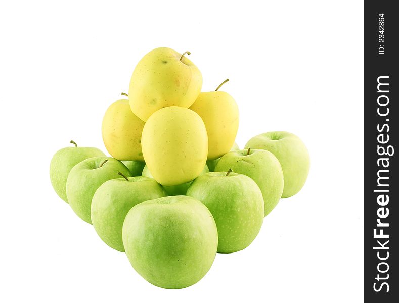 Green and yellow apples set on a white background