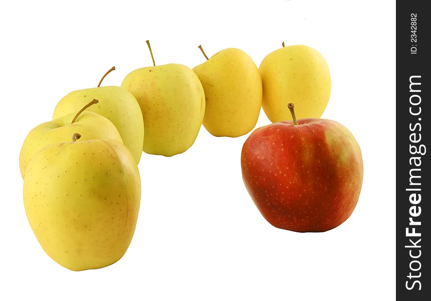 Yellow apples and a red one set on a white background