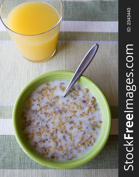 Close up of bowl of cereal on table