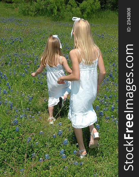 Sisters walking threw a field of flowers.  Blue Bonnets are native Texas flowers. The Blue Bonnet is the State Flower of Texas, USA. Sisters walking threw a field of flowers.  Blue Bonnets are native Texas flowers. The Blue Bonnet is the State Flower of Texas, USA.