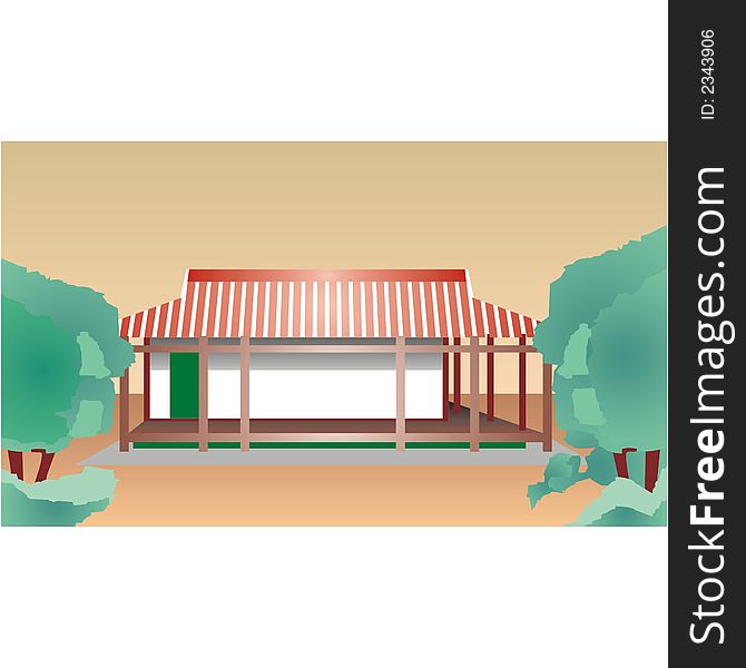 Art illustration: oriental house and garden