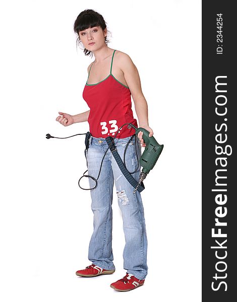 Tired woman standing with a drill. white background. Tired woman standing with a drill. white background