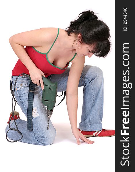 Woman and drill on white background. Woman and drill on white background