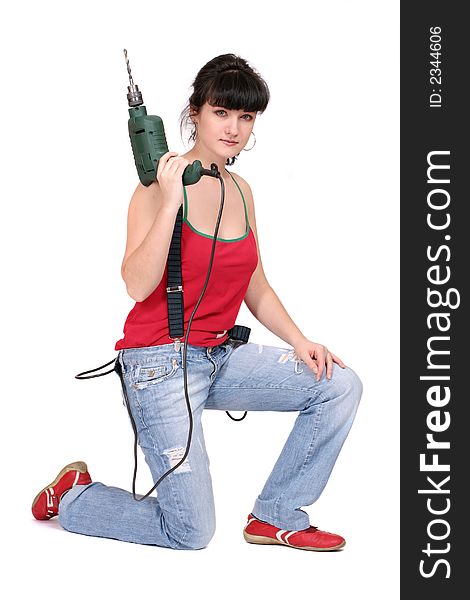 Woman and a drill on white background