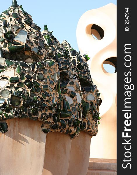 Detail of rooftop chimney Casa Milla by Antoni Gaudi Barcelona Spain