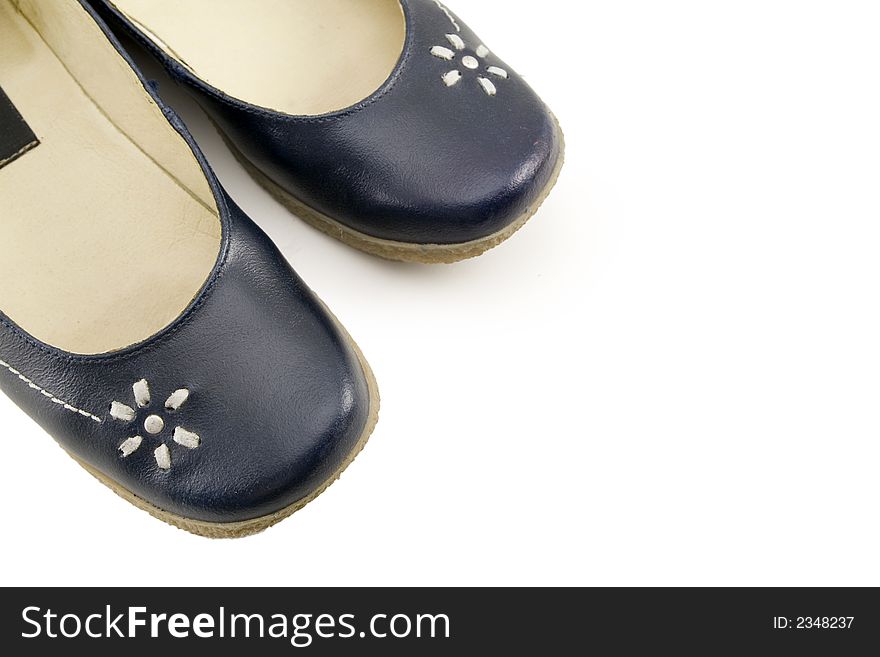 Nice blue leather shoes with flower decorations