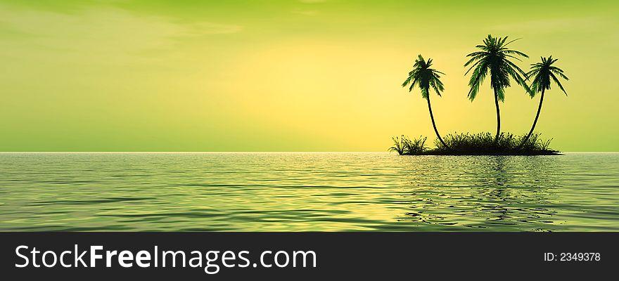 Sunset coconut palm trees on small island - 3d illustration.