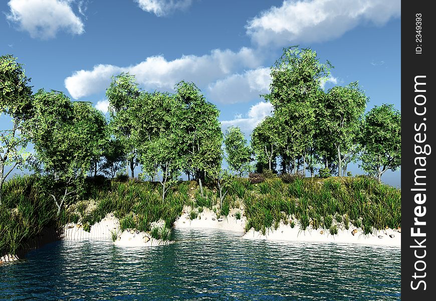 Birch trees on coast in a sunny day - 3d illustration. Birch trees on coast in a sunny day - 3d illustration
