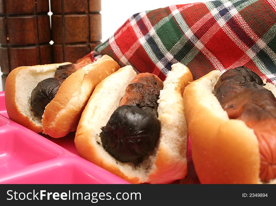 Picture of burnt hotdogs upclose
