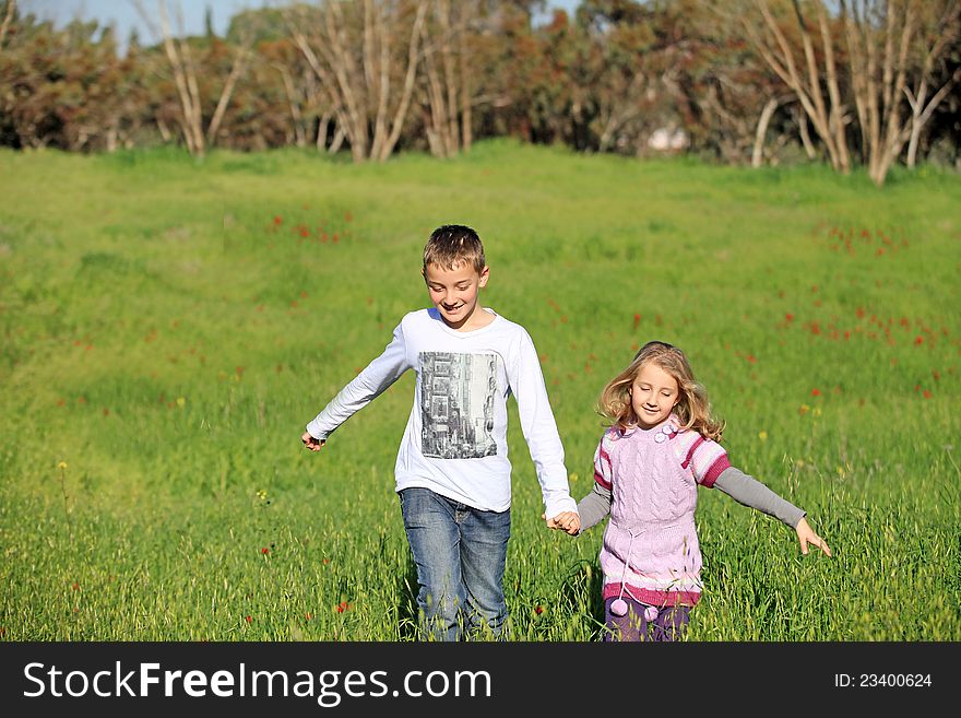 Brother and sister walking on nature in the summer