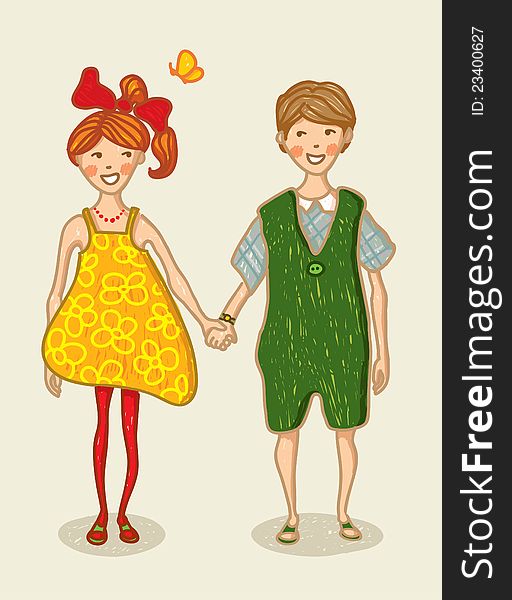 Birthday, Valentine Love Card. Boy and girl holding hand