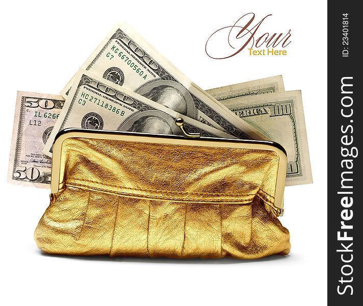 Gold purse full of dollars on a light background