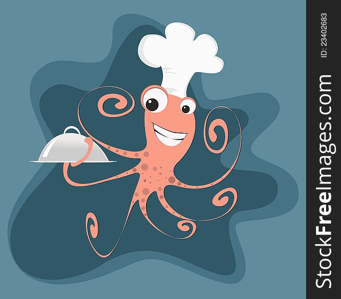 Cartoon octopus in the form of a cook feeding food. Cartoon octopus in the form of a cook feeding food