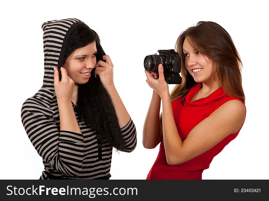 Two young girls in a photographic studio. Two young girls in a photographic studio