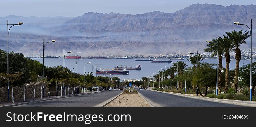 View on moored freight ships in Aqaba gulf
